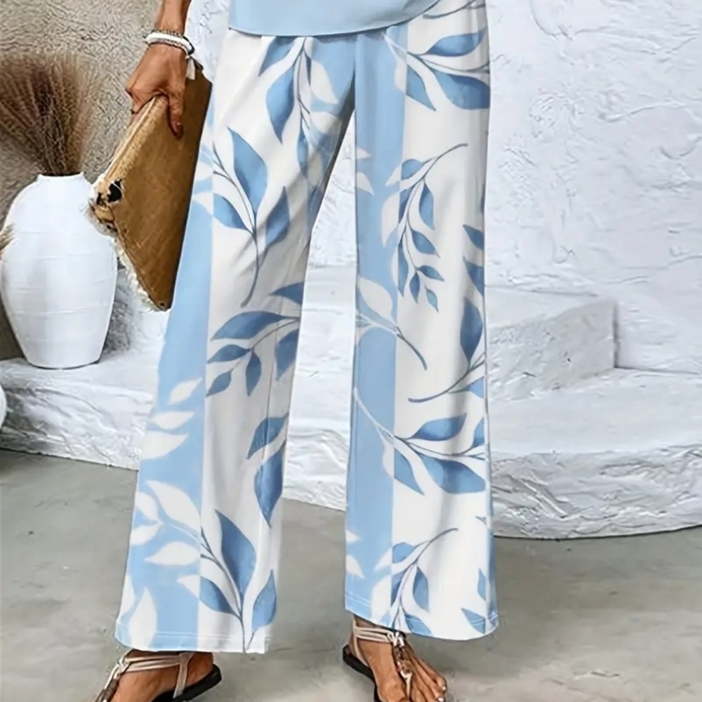 Elegant Blue Leaf Print Women's Pants